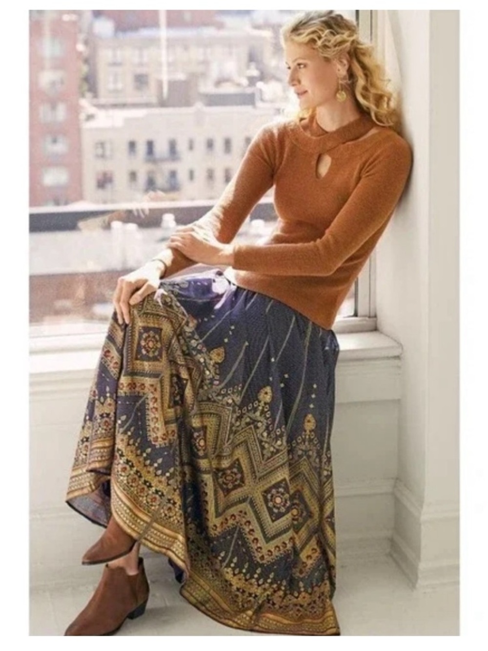 Soft Surrandings Kismet Purple and Gold Metallic Boho Bohemian Maxi Skirt M